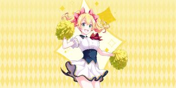 Rule 34 | 1girl, :d, argyle background, blonde hair, blue corset, bow, breasts, buttons, corset, cowboy shot, dot nose, double-breasted, dress, game cg, green eyes, hair bow, hand up, highres, holding, holding pom poms, lapis re:lights, large breasts, lavie (lapis re:lights), looking at viewer, medium hair, official art, open mouth, pom pom (cheerleading), pom poms, red bow, school uniform, short sleeves, skirt, smile, solo, sparkle background, teeth, third-party source, twintails, underbust, upper teeth only, white dress, white skirt, yellow background