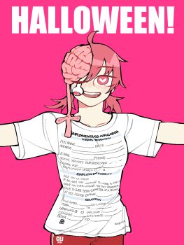 1girl brain chainsaw_man commentary cosmo_(chainsaw_man) dangling_eye english_text exposed_brain grin halloween halloween_costume heart heart-shaped_pupils highres jim1234511 job_application_form_(meme) living_hair looking_at_viewer meme optic_nerve outstretched_arms pink_background pink_hair red_shorts shirt shorts smile solo symbol-shaped_pupils upper_body white_shirt