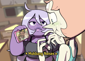 Rule 34 | 2girls, :t, amethyst (steven universe), chest jewel, colored skin, discount-supervillain, eating, forehead jewel, gem, gem (steven universe), greg universe, holding, holding phone, long hair, multiple girls, pale skin, pearl (gemstone), pearl (steven universe), phone, plump, pointy nose, purple gemstone, purple skin, short hair, smile, steven universe, thick lips