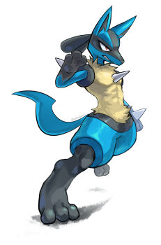 black_fur blue_fur full_body gen_4_pokemon highres lucario multicolored_fur nintendo pokemon pokemon_(creature) red_eyes sakubou simple_background solo spikes tail white_background yellow_fur