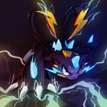 animal_ears black_fur blue_eyes blue_fur body_fur cat claws commentary cuppaphee electricity english_commentary furry gen_7_pokemon highres horns legendary_pokemon mega_pokemon mega_zeraora mythical_pokemon nintendo pokemon pokemon_(creature) single_horn spikes two-tone_fur v-shaped_eyes whiskers yellow_trim zeraora