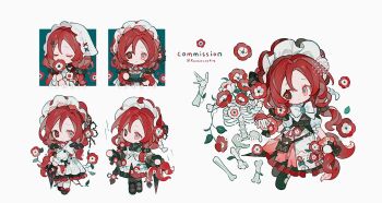 1girl apron black_boots black_shirt boots bow bowtie brown_eyes chibi chibi_only closed_mouth commission flower full_body hand_up heterochromia highres kanae_(cookie) long_hair maid_headdress multiple_views original red_eyes red_flower red_hair red_skirt shirt short_sleeves simple_background skeleton skirt smile standing twitter_username white_apron white_background white_bow white_bowtie