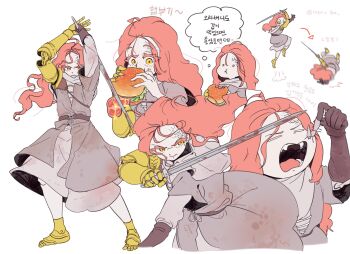 1280x720 1girl aged_down arrow_(symbol) artist_name blood bloody_weapon brown_gloves bug burger colored_eyelashes commentary_request eating elden_ring failure fallen_down fighting_stance food food_on_face gloves highres holding holding_burger holding_food holding_sword holding_weapon jumping korean_commentary korean_text malenia_blade_of_miquella multiple_views open_mouth prosthesis prosthetic_arm prosthetic_leg red_hair rotting serious speech_bubble sword teeth thought_bubble tomato tomato_slice tongue translation_request weapon yellow_eyes