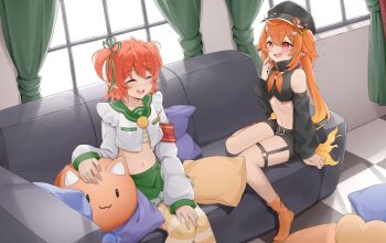 2girls :d black_hat black_shorts black_sleeves black_vest blonde_hair blush checkered_floor closed_eyes coin commission couch crop_top curtains detached_sleeves enya_ignis fang fiery_hair fuyo_cloverfield gold_coin gradient_hair green_ribbon green_sailor_collar hair_ornament hair_ribbon hairclip hat highres chromashift index_finger_raised indoors long_hair long_sleeves midriff multicolored_hair multiple_girls navel o-ring o-ring_thigh_strap open_mouth orange_eyes orange_hair orange_socks pillow pointy_ears ribbon sailor_collar shirt short_hair short_shorts shorts sitting smile socks stomach striped_clothes striped_shirt striped_thighhighs stuffed_animal stuffed_cat stuffed_toy syarrchan thigh_strap thighhighs thighs twintails two_side_up very_long_hair vest virtual_youtuber white_shirt white_thighhighs window yellow_thighhighs