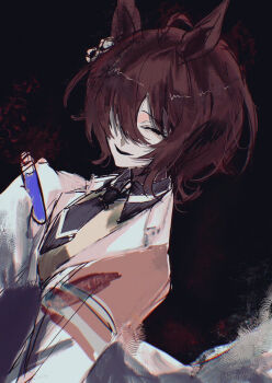 1girl agnes_tachyon_(umamusume) ahoge animal_ears black_background black_eyes black_necktie black_shirt brown_hair chemical_structure coat collared_shirt commentary_request cork ear_ornament earrings hair_between_eyes hand_up holding holding_test_tube horse_ears horse_girl huge_ahoge jewelry lab_coat necktie open_clothes open_coat parted_lips sfnnezl_0u0 shirt short_hair short_necktie simple_background single_earring sleeves_past_fingers sleeves_past_wrists smile solid_eyes solo sweater test_tube umamusume white_coat yellow_sweater
