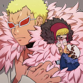 Rule 34 | 3boys, :d, ?, absurdres, arm tattoo, artist name, black coat, black hair, blonde hair, blue coat, blue pants, blush, blush stickers, chibi, closed eyes, closed mouth, coat, coat on shoulders, collared shirt, donquixote doflamingo, donquixote rocinante, earrings, expressionless, facial hair, facial mark, feather coat, frown, fur-trimmed coat, fur hat, fur trim, goatee, gold earrings, grey background, hand tattoo, hand up, hat, heart, heart print, highres, holding hands, hood, jewelry, kageimo, long sleeves, male focus, mini person, miniboy, multiple boys, one piece, open mouth, pants, pectoral cleavage, pectorals, pink coat, pink shirt, print shirt, red-tinted eyewear, red hood, red lips, shirt, short hair, sideburns, smile, sunglasses, sweatdrop, tattoo, tinted eyewear, trafalgar law, twitter username, upper body, v-shaped eyebrows, watermark, white-framed eyewear, white hat, white shirt