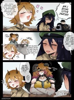 adeptus_astartes animal_ears armor astra_militarum black_templars blush bow broken_horn commentary english_commentary english_text goat_ears goat_girl goat_horns hair_over_one_eye hat highres horizontal_pupils horns long_hair multiple_girls odd_onion open_mouth peaked_cap power_armor scar scar_on_face short_hair shoulder_armor smile spikes warhammer_40k yellow_eyes