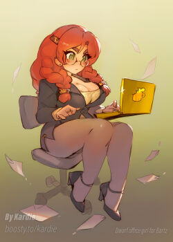 1girl absurdres beer_mug braid breasts chair cleavage computer cup curvy dwarf flying_paper glasses gradient_background green_eyes highres kardie laptop large_breasts long_hair mug office_chair office_lady original pantyhose paper red_hair swivel_chair twin_braids
