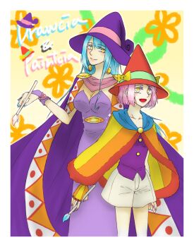2girls artist_request blue_hair bow breasts cape cloak drawcia dress earrings fingerless_gloves gloves hat highres jewelry kirby:_triple_deluxe kirby_(series) kirby:_canvas_curse long_hair looking_at_viewer multiple_girls nail_polish nintendo open_mouth paintra personification pink_hair short_hair shorts siblings simple_background sisters smile vest yellow_eyes