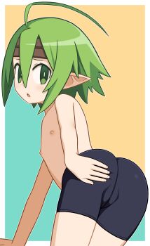 1girl ahoge ami_(ammy33) ass bent_over bike_shorts black_shorts cameltoe crotch_seam disgaea female_focus female_warrior_(disgaea) flat_chest green_eyes green_hair hand_on_own_hip headband loli looking_at_viewer looking_back nipples open_mouth pants pointy_ears shorts solo tight_clothes tight_pants topless_female two-tone_background
