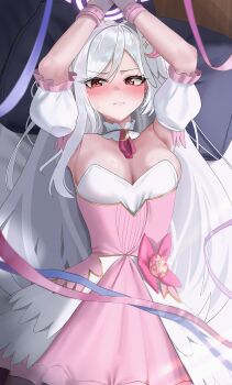 1girl absurdres angel_wings blue_archive blush bound bound_wrists breasts cleavage closed_mouth commentary_request detached_sleeves dress highres hum455 large_breasts long_hair looking_at_viewer official_alternate_costume pink_dress red_eyes solo suzumi_(blue_archive) suzumi_(magical)_(blue_archive) very_long_hair white_hair wings