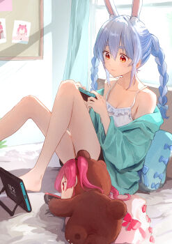 2girls absurdres animal_costume animal_ears bare_shoulders barefoot bear_costume blue_hair blue_jacket braid breasts camisole chibi cleavage controller highres holding holding_controller hololive houshou_kumarine houshou_marine jacket joy-con medium_breasts multiple_girls nintendo_switch_2 off_shoulder on_bed rabbit_ears rabbit_girl red_eyes red_hair sitting twin_braids usada_pekora virtual_youtuber white_camisole yami_ara