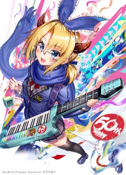 Rule 34 | 1girl, absurdres, akabane (zebrasmise), black skirt, black thighhighs, blazer, blonde hair, blue eyes, blue hairband, blue jacket, blue scarf, bow, bow hairband, bowtie, brown horns, copyright notice, from above, glasses, hairband, highres, holding, holding instrument, holding plectrum, horns, instrument, jacket, keytar, low twintails, official art, open mouth, plectrum, red bow, red bowtie, scarf, short twintails, skirt, solo, thighhighs, twintails, umr (wixoss), water drop, wixoss