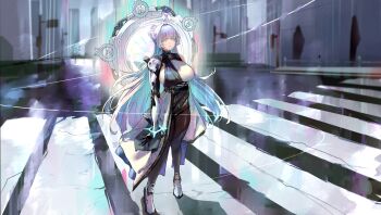 1girl aqua_hair black_dress black_pantyhose blue_eyes colored_eyelashes colored_inner_hair commentary dress goddess_of_victory:_nikke high_ponytail highres jindogod long_hair multicolored_hair nayuta_(nikke) outdoors pantyhose ponytail prosthesis prosthetic_arm road solo street two-tone_dress unusually_open_eyes very_long_hair white_eyelashes