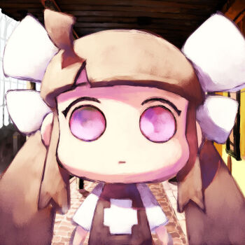 ahoge archived_source black_dress blunt_bangs bow chibi chibi_only closed_mouth commentary cross cross_print dated_commentary dress english_commentary expressionless hair_bow long_hair long_sidelocks looking_at_viewer low_twintails muntins no_nose no_sclera original painterly print_dress purple_eyes ruby-ko shadow short_sleeves sidelocks solo staring stone_walkway straight-on tanaka_kunihiko twintails white_bow white_sleeves window wooden_ceiling