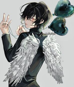 1boy balloon black_hair black_jacket closed_mouth commentary_request from_behind grey_background hair_between_eyes hand_wings hands_up heart_balloon highres holding holding_balloon jacket long_sleeves looking_at_viewer looking_back male_focus original red_eyes sahi00000 short_hair simple_background solo upper_body wings