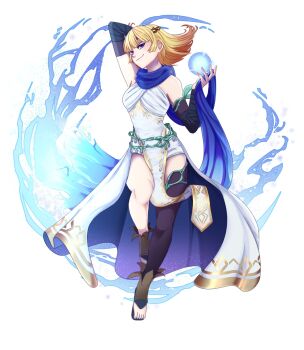 Rule 34 | 1girl, arm above head, arm behind head, arm up, armpits, bare legs, bare shoulders, blonde hair, blue scarf, breasts, electricity, electrokinesis, energy ball, fiaherart, fire emblem, fire emblem heroes, full body, gradient hair, highres, kid icarus, kid icarus uprising, looking at viewer, multicolored hair, nintendo, official style, orange hair, pelvic curtain, phosphora, purple eyes, scarf, short hair, solo, thighs