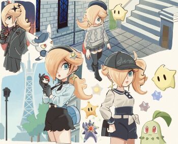 1girl alternate_costume bare_shoulders baseball_cap beret black_boots black_gloves black_hairband black_jacket black_shirt black_shorts black_skirt black_thighhighs blonde_hair blue_eyes blue_skirt boots breasts chikorita closed_mouth colored_sclera colored_skin crossover crown day earrings gem gen_1_pokemon gen_2_pokemon gen_6_pokemon gloves grand_star_(mario) grey_sweater hair_ornament hair_over_one_eye hairband hat highres holding jacket jewelry lamppost leaf long_hair long_sleeves lumiose_city mario_(series) mega_pokemon mega_starmie meowstic meowstic_(female) nintendo no_eyes off-shoulder_sweater off_shoulder open_clothes open_jacket outdoors parted_lips plaid_clothes plaid_skirt pleated_skirt pokemon pokemon_(creature) pokemon_focus pokemon_legends:_z-a ponytail prism_tower purple_skin red_eyes red_gemstone rosalina sasaki_sakiko shirt shorts side_ponytail skirt smile star_(symbol) star_bit star_earrings star_hair_ornament starfish starmie sweater thighhighs tree white_shirt yellow_sclera