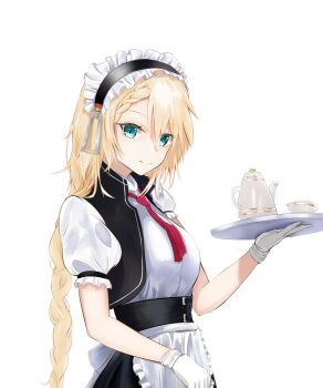 1girl apron aqua_eyes asymmetrical_hair blonde_hair braid breasts coffee_mug coffee_pot cup female_focus g36_(girls'_frontline) girls'_frontline gloves highres long_hair looking_at_viewer maid maid_apron maid_headdress medium_breasts mug nakaryo0404 necktie puffy_short_sleeves puffy_sleeves short_sleeves smile solo teapot tray very_long_hair white_gloves