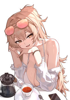 1girl absurdres azur_lane bikini breasts cleavage commentary_request eyewear_on_head highres large_breasts lion_(azur_lane) lion_(the_reclining_dandelion)_(azur_lane) solo sunglasses swimsuit tea upper_body white_background white_bikini xin_sanmu