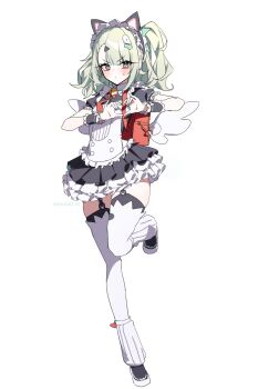 Rule 34 | 1girl, animal ears, black garter straps, black skirt, cat ears, fake animal ears, full body, garter straps, green eyes, green hair, heart, heart hands, highres, looking at viewer, official alternate costume, simple background, skirt, solo, standing, standing on one leg, sunna (afternoon tea break) (zenless zone zero), sunna (zenless zone zero), taiyaki12, thighhighs, white background, white thighhighs, white wings, wings, wrist cuffs, zenless zone zero