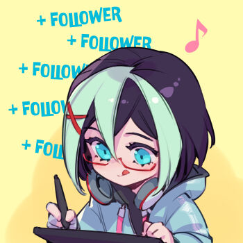 1girl :q artist_self-insert black_hair blonde_hair blush green_eyes headphones headphones_around_neck highres long_sleeves musical_note original phantom_ix_row red-framed_eyewear semi-rimless_eyewear short_hair solo tongue tongue_out upper_body