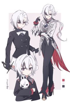 1girl aged_down arlecchino_(genshin_impact) black_eyes black_hair black_hands black_jacket black_pants black_shirt blazer bow coattails color_guide colored_extremities commentary_request cropped_legs cropped_torso frilled_cuffs full_body genshin_impact grey_hair high_heels highres holding holding_stuffed_toy holding_sword holding_weapon jacket long_hair looking_at_viewer multicolored_hair ninji665102 pants peruere_(genshin_impact) ponytail shirt short_hair shorts stuffed_animal stuffed_toy sword symbol-shaped_pupils weapon white_bow white_jacket white_shorts x-shaped_pupils