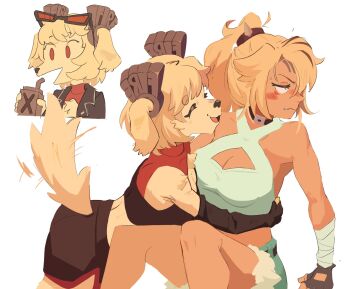 2girls animal_ears blonde_hair blush burnice_white can commentary dark-skinned_female dark_skin dog_ears dog_girl dog_tail drink drinking_straw english_commentary furry furry_female furry_with_non-furry highres holding holding_can holding_drink humanization interspecies mangedugruau multiple_girls ponytail pulchra_fellini tail tail_wagging yuri zenless_zone_zero