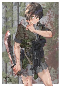 1girl 2025 absurdres ammunition_pouch artist_name black_hair blood blood_on_clothes blood_on_face bloody_weapon commentary_request dated forest green_eyes gun handgun highres holding_machete jacket machete nature original pouch pp-19_bizon school_uniform short_hair skirt sleeves_rolled_up solo submachine_gun tactical_school_uniform tigern_(tigern28502735) weapon
