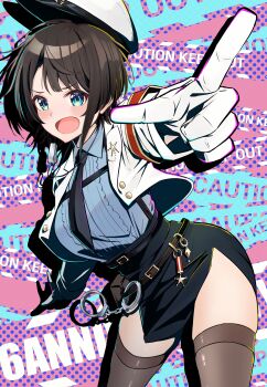 1girl 5to_rai absurdres aliasing aqua_eyes blue_shirt brown_hair cuffs gloves handcuffs hat highres hololive jacket official_alternate_costume oozora_subaru oozora_subaru_(police) open_mouth pencil_skirt police_hat shirt short_hair skirt solo thighhighs thighs virtual_youtuber whistle whistle_around_neck white_gloves white_jacket zettai_ryouiki