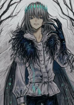 1boy arthropod_limbs bare_tree black_cape black_pants blue_eyes cape fate/grand_order fate_(series) grey_hair hair_between_eyes highres insect_wings long_sleeves makai_(67makai) male_focus oberon_(fate) oberon_(third_ascension)_(fate) pants shirt solo tassel tree white_shirt wings