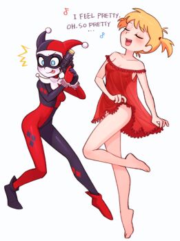2girls asymmetrical_footwear babydoll bare_hips bare_legs barefoot batman:_mad_love batman:_the_animated_series batman_(series) batrobin_k black_lips black_suit blonde_hair blue_eyes blush bottomless breasts cleavage clown clown_girl commentary curvy dancing dc_comics dcau domino_mask dual_persona english_text eye_mask feet finger_on_trigger formal_clothes gun hair_tie harley_quinn harley_quinn_(classic) hat highres holding holding_gun holding_weapon jester jester_cap jester_costume jester_girl jumping legs mask medium_breasts mismatched_footwear multicolored_bodysuit multiple_girls music musical_note nightgown nightgown_lift no_panties open_mouth pop_gun red_babydoll red_nightgown red_suit short_twintails singing sixteenth_note smile suit the_new_batman_adventures toes tongue tongue_out twintails two-handed_handgun_grip two-tone_bodysuit two-tone_suit warner_bros. weapon white_face white_facepaint