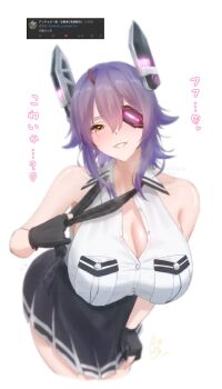 1girl absurdres black_gloves breast_pocket breasts checkered_clothes checkered_necktie cleavage eyepatch fur_trim gloves headgear high-waist_skirt highres kantai_collection large_breasts leaning_forward looking_at_viewer necktie partially_fingerless_gloves pocket purple_hair shiny_skin shirt short_hair shushan simple_background skirt sleeveless sleeveless_shirt smile solo standing tenryuu_(kancolle) tenryuu_kai_ni_(kancolle) white_background white_shirt yellow_eyes