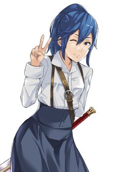 1girl blue_eyes blue_hair contemporary female_focus fire_emblem fire_emblem_awakening highres j@ck long_hair looking_at_viewer lucina_(fire_emblem) nintendo ponytail school_uniform skirt smile solo white_background