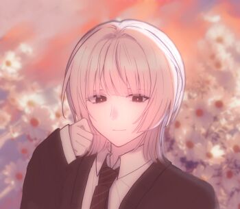 Rule 34 | 1boy, brown cardigan, brown eyes, brown necktie, cardigan, chinese commentary, closed mouth, collared shirt, commentary request, dress shirt, floral background, hand up, highres, light smile, necktie, portrait, saihate eki, shirt, short hair, snow (snow5051009), solo, tatsunami shion, white hair, white shirt