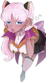 1girl back_bow bad_id bad_twitter_id blue_eyes bow breasts catherine_sabathra code_geass code_geass:_dakkan_no_roze crop_top dark-skinned_female dark_skin earrings fingernails frilled_cuffs frills from_side hand_up heart heart-shaped_pupils highres jewelry large_breasts leaning_forward long_hair looking_at_viewer looking_to_the_side nmexemn open_mouth parted_bangs pink_hair pink_lips shade simple_background skirt sleeveless solo standing symbol-shaped_pupils thick_lips thighhighs thighs twintails white_background wrist_cuffs