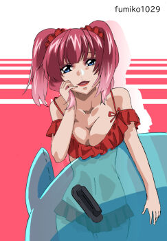 Rule 34 | 1girl, agnes giebenrath, artist name, bikini, blue eyes, breasts, buoy, cleavage, frilled bikini, frills, fumiko (mesushi), gundam, gundam seed, gundam seed freedom, hand in own hair, looking at viewer, pink hair, smile, solo, swimsuit, twintails