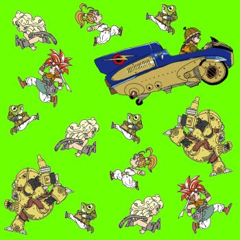 1other 2boys 3girls ayla_(chrono_trigger) blonde_hair boots breasts brown_boots cavewoman chibi chibi_only chrono_trigger clenched_teeth crono_(chrono_trigger) curly_hair driving frog_boy fur_boots fur_scarf furrowed_brow glenn_(chrono_trigger) hair_tie headband helmet highres horizontal_pupils light_smile long_hair lucca_ashtear marle_(chrono_trigger) medium_breasts multiple_boys multiple_girls neckerchief necktie orange_necktie orange_tunic pants ponytail purple_hair red_hair robo_(chrono_trigger) robot romper running sandals short_hair spiked_hair tcgf_04 teeth toriyama_akira_(style) tunic white_headband white_pants white_romper yellow_neckerchief