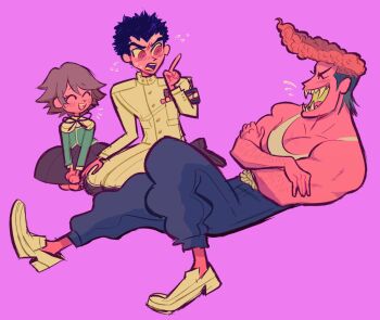 Rule 34 | 3boys, armband, black armband, crossdressing, crossdressing (mtf), danganronpa: trigger happy havoc, danganronpa (series), fujisaki chihiro, hunie (huniedham), implied yaoi, ishimaru kiyotaka, multiple boys, muscular, muscular male, owada mondo, pink background, pompadour, red eyes, school uniform, sharp teeth, short hair, sitting, tank top, teeth, third-party source, trap, white tank top