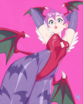 1girl adversarial_noise alt_text animal_print armpits arms_up artist_name bat_print bat_wings blue_eyes breasts bridal_gauntlets clothing_cutout commentary cowboy_shot darkstalkers demon_girl diamond_cutout english_commentary from_below galmesh_rosewood head_wings highleg highleg_leotard highres leotard lilith_(darkstalkers) looking_at_viewer pantyhose parted_lips pink_background print_pantyhose purple_hair purple_pantyhose red_leotard short_hair simple_background small_breasts solo wings