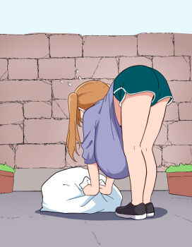 Rule 34 | 1girl, ass, bent over, breasts, brown hair, female focus, huge breasts, long hair, original, papako, ponytail, shorts, side slit, side slit shorts, solo, trash bag