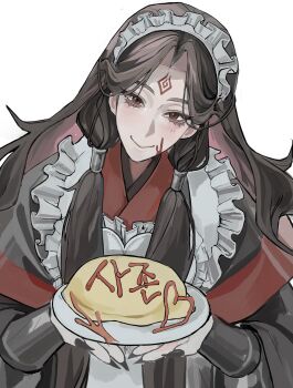 Rule 34 | 1boy, alternate hairstyle, apron, black hanfu, black nails, brown hair, chinese clothes, closed mouth, curtained hair, eyelashes, fingernails, food, food writing, frilled apron, frills, hair tubes, hajae, hanfu, hashtag-only commentary, head tilt, heart apron, highres, holding, holding plate, ketchup, korean text, layered sleeves, light blush, long hair, long sleeves, looking at viewer, low-tied sidelocks, luo binghe, maid headdress, omelet, parted bangs, plate, red eyes, red trim, renzha fanpai zijiu xitong, sharp fingernails, sidelocks, simple background, smile, solo, wavy hair, white apron, white background, wide sleeves, zuiyin