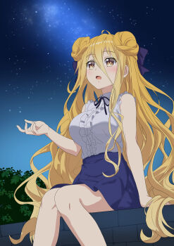 1girl absurdres alternate_costume black_ribbon blonde_hair blue_skirt breasts date_a_live double_bun hair_between_eyes hair_bun highres hoshimiya_mukuro long_hair medium_breasts night open_mouth outdoors ribbon shirt sitting skirt sky sleeveless sleeveless_shirt solo star_(sky) starry_sky sukimartdayo very_long_hair yellow_eyes