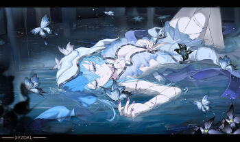 1girl absurdres artist_name black_flower blake_bloom_(wuthering_waves) blue_butterfly blue_eyes blue_hair blue_veil breasts bug butterfly flower hair_between_eyes hand_on_own_stomach hand_up highres insect knees_up legs_together letterboxed long_hair looking_at_animal lying lying_on_water medium_breasts missing_commentary nail_polish on_back parted_lips partially_submerged purple_nails rain shorekeeper_(wuthering_waves) solo two-tone_veil veil water white_veil wuthering_waves xiao_ye_zi_de_kuai_le