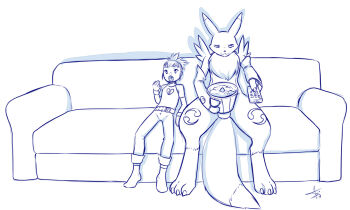 1boy 1girl animal_penis aogami bucket couch digimon digimon_tamers dog_penis eating food foodplay furry furry_male furry_with_non-furry highres interspecies loli makino_ruki no_shoes penis popcorn renamon simple_background sitting socks source_request tagme testicles white_background