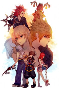 2girls 4boys axel_(kingdom_hearts) baggy_pants black_coat_(kingdom_hearts) black_jacket black_pants black_shoes blonde_hair blue_eyes brown_hair chain chain_necklace chakram commentary dress facial_mark grey_hair hair_over_one_eye hand_on_own_hip holding holding_weapon hood hooded_jacket jacket jewelry kairi_(kingdom_hearts) keyblade kingdom_hearts kingdom_hearts_ii kingdom_key long_hair multiple_boys multiple_girls namine necklace pants pink_dress red_hair riku_(kingdom_hearts) roxas sera_(serappi) shoes short-sleeved_jacket short_dress short_sleeves smile sora_(kingdom_hearts) spiked_hair weapon white_shoes