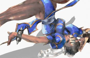 1girl bracelet brown_eyes brown_hair bun_cover capcom china_dress chinese_clothes chun-li double_bun dress fighting_stance hair_bun highres jewelry kicking non-web_source official_art panties pantyhose pelvic_curtain sash solo spiked_bracelet spikes spinning_bird_kick street_fighter studded_bracelet thick_thighs thighs underwear unitard upside-down yasuda_akira