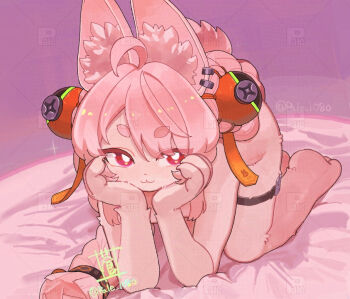 1girl :3 ahoge all_fours animal_ear_fluff animal_ears animal_nose artist_name body_fur braid closed_mouth furry furry_female hair_ornament hands_on_own_face head_rest loli long_hair looking_at_viewer nude pink_eyes pink_fur pink_hair rabbit_ears rabbit_girl red_eyes smile solo sou_(pale_1080) tail thigh_strap watermark zenless_zone_zero zhao_(zenless_zone_zero)