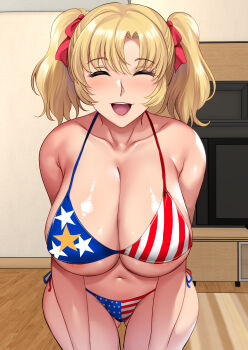 1girl :d absurdres american_flag american_flag_bikini american_flag_print bikini blonde_hair bow breasts cleavage closed_eyes collarbone commentary_request cropped_legs feet_out_of_frame flag_print flag_print_bikini hair_bow highres hozumi_kenji huge_breasts indoors large_breasts navel open_mouth original print_bikini red_bow short_twintails side-tie_bikini_bottom smile swimsuit twintails