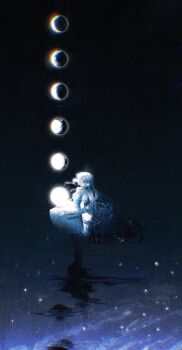 Rule 34 | 1girl, absurdres, blue dress, blue hair, commentary request, dress, flower, full body, grey hair, hair flower, hair ornament, hair over one eye, highres, holding moon, isekaijoucho, kamitsubaki studio, long hair, looking at viewer, moon, moon phases, multicolored hair, reflection, reflective liquid, solo, sumisumire00, two-tone hair, very long hair, virtual youtuber